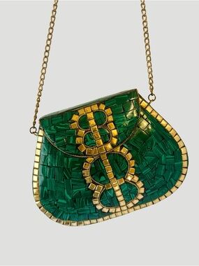 Green Mosaic Chain Shoulder Bag with Gold Accents